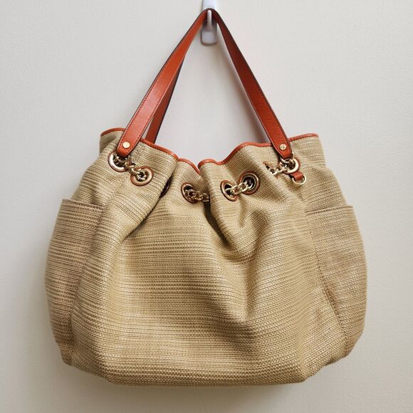 MICHAEL KORS Handbag Women Natural Burlap Canvas & Leather Strap Gold Chain Link - Picture 5 of 15